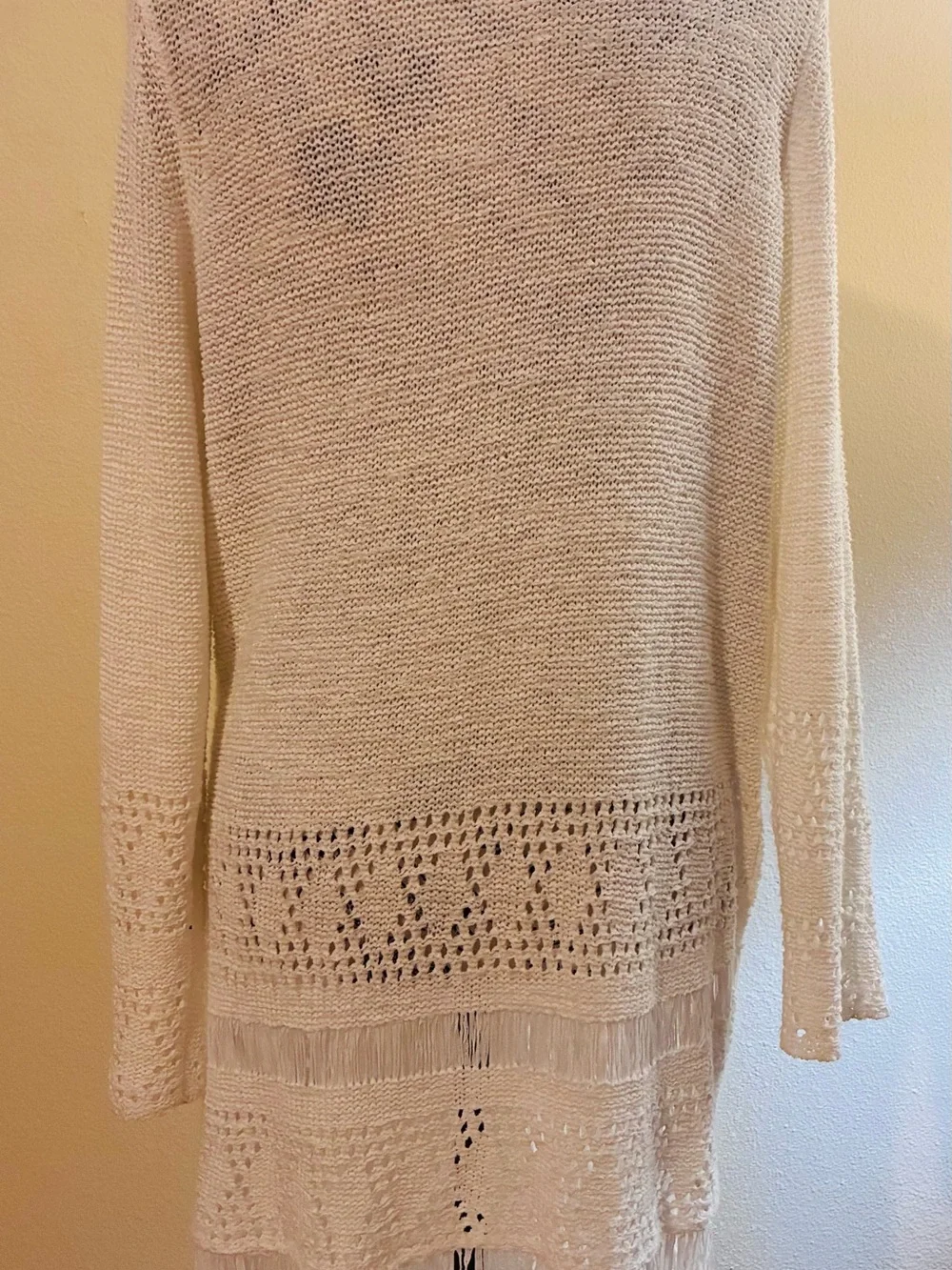 Michael Kors White Open-Front Crochet Fringe Cardigan